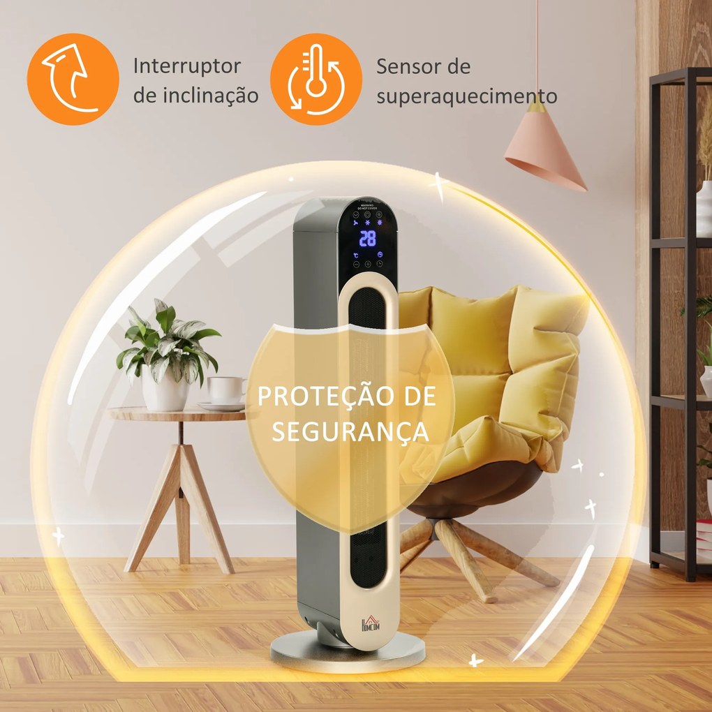 Aquecedor Cerâmico de Torre 1100/2200W com Controlo Remoto Ecrã LED Temporizador de 12h Termostato 3 Modos e Oscilação para 20-25m² Ø25x73,5cm Prata
