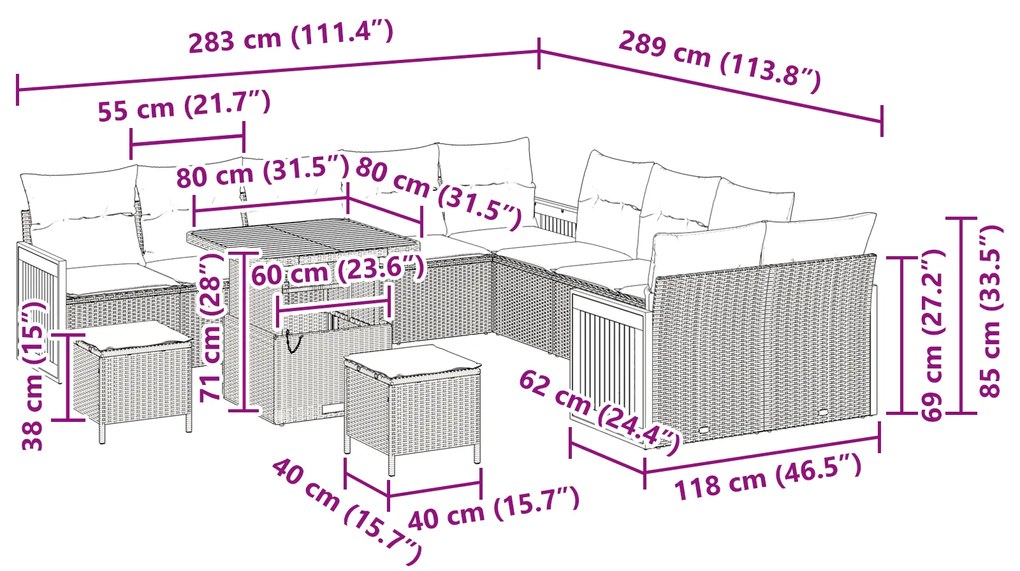 Conjunto de Sofá de Jardim vidaXL 13 Peças com Almofadas Preto Vime PE