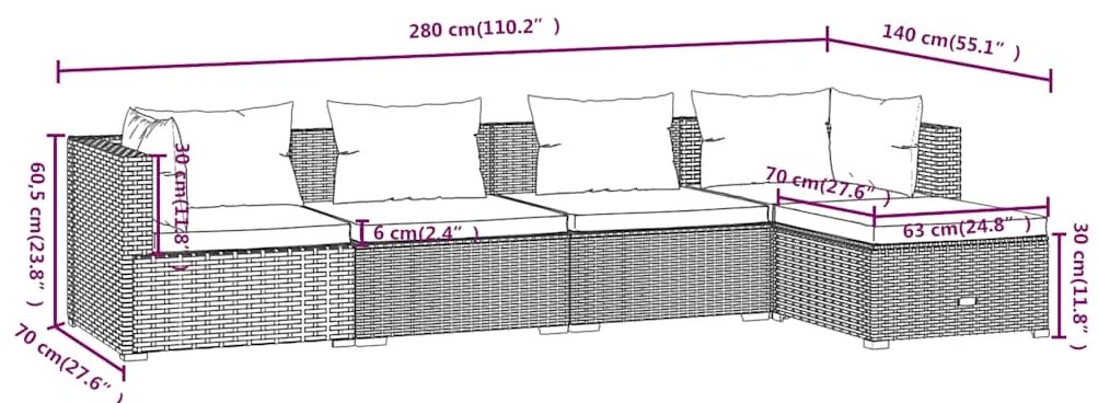 5 pcs conjunto lounge de jardim c/ almofadões vime PE preto