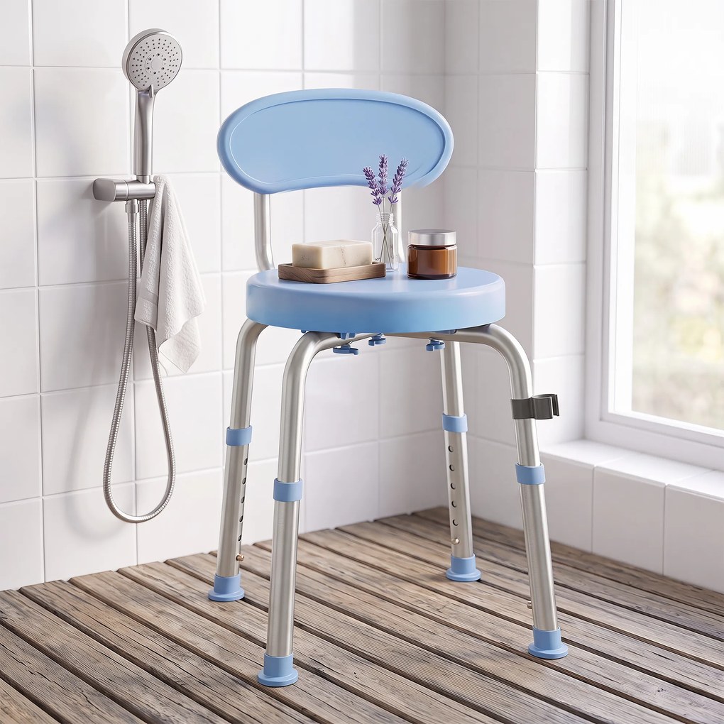 Banco de Duche Giratório, 38,5 x 37,5 x 75 cm, Altura Regulável em 5 Níveis, Azul