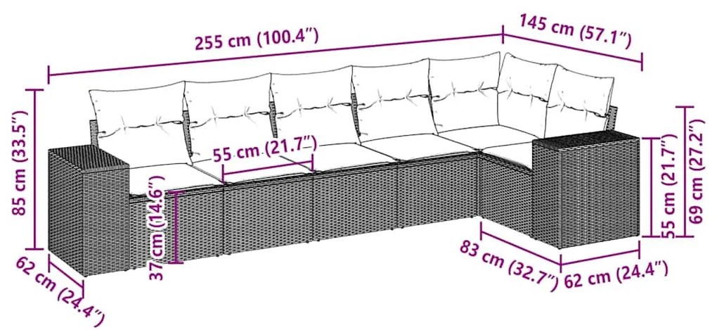 6 pcs conj. sofás jardim com almofadões vime PE cinzento-claro