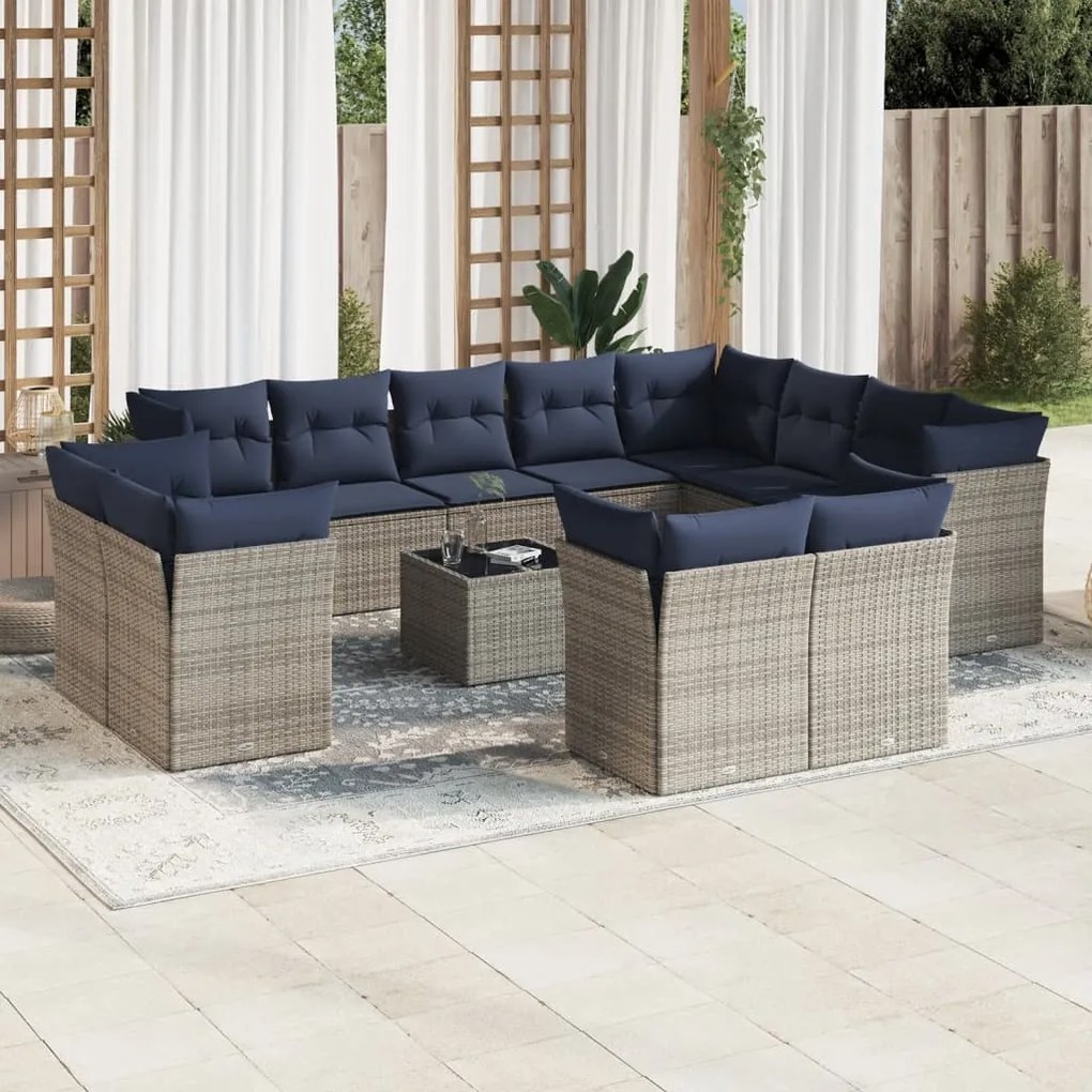 vidaXL 13 pcs conjunto sofás p/ jardim c/ almofadões vime PE cinzento