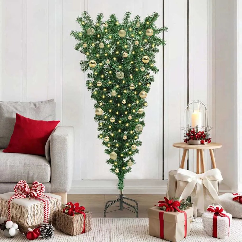 vidaXL Árvore de Natal Artificial Pré-iluminada de Cabeça para Baixo com Conjunto de Bolas