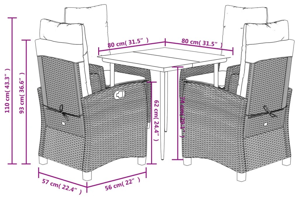 5 pcs conjunto de jantar p/ jardim c/ almofadões cinzento claro