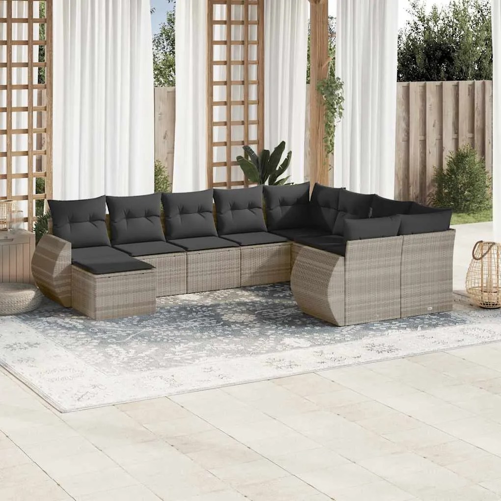 vidaXL 10 pcs conj. sofás jardim com almofadões vime PE cinzento-claro