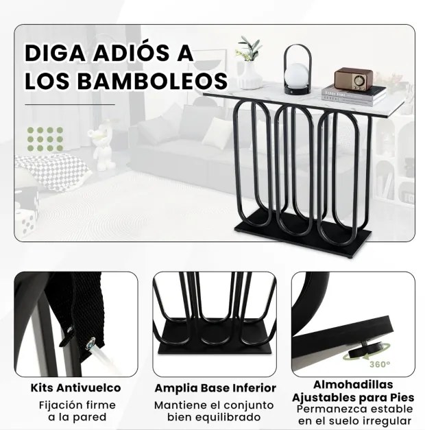 Mesa de consola em mármore com pés reguláveis Estrutura metálica Estrutura metálica Kits anti-queda para entrada de sofá 100 x 30 x 80 cm Preto