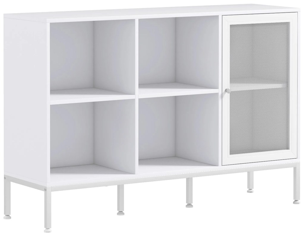HOMCOM Aparador de Cozinha com Porta de Malha 4 Compartimentos Abertos e Estante Ajustável para Sala 120x37x81,5 cm Branco | Aosom Portugal