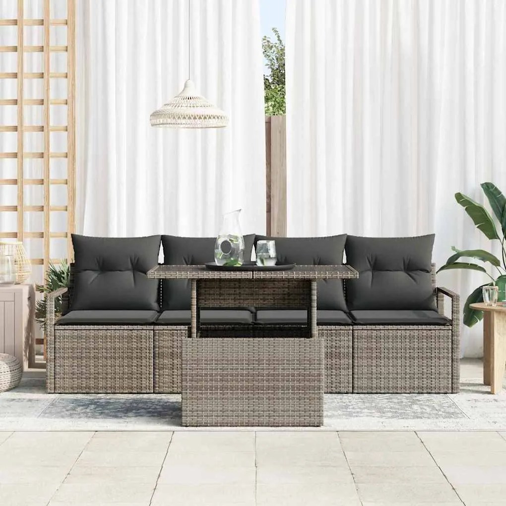Conjunto de Sofá de Jardim de 5 Peças com Almofadas Cinza em Rattan Si