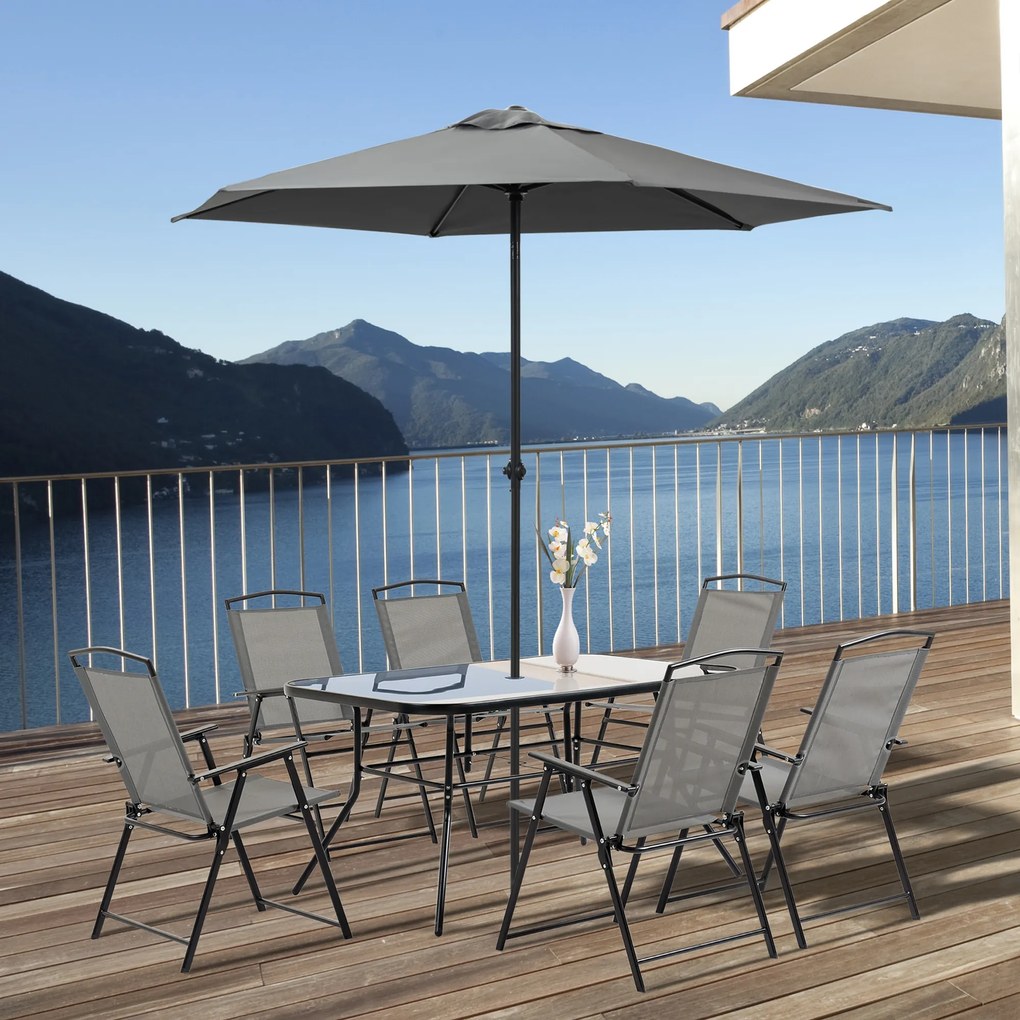 Outsunny Conjunto de Móveis de Jardim 8 Peças com 6 Cadeiras Dobráveis Mesa com Bancada de Vidro e Chapéu de Sol Inclinável Proteção Solar para Terraço Exterior Cinza