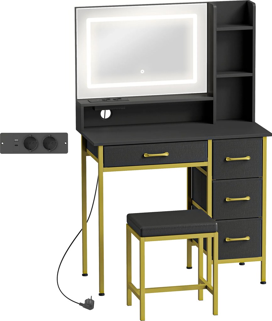 HOMCOM Toucador de Maquilhagem com Espelho, Luzes LED Estação de Carregamento 4 Gavetas e Banco 88x40x134 cm Preto | Aosom Portugal