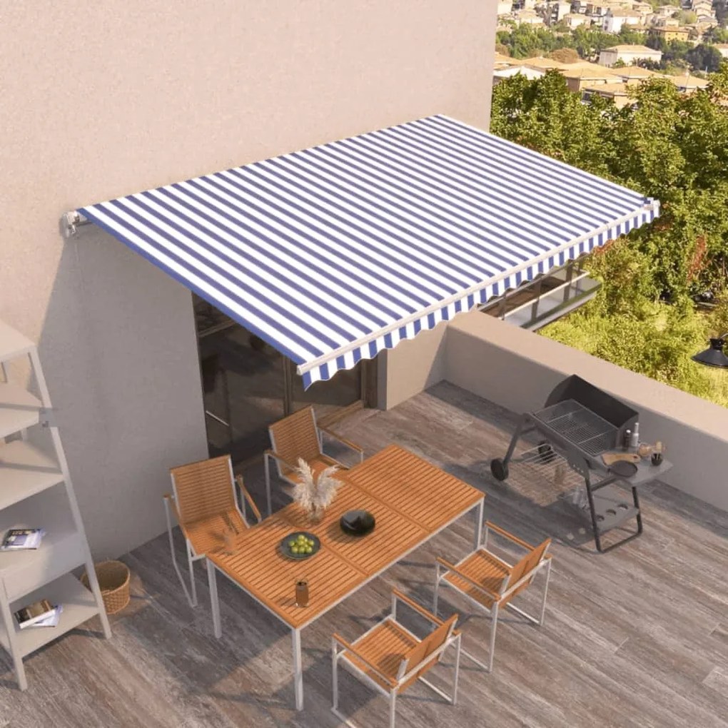 Toldo retrátil manual 500x350 cm azul e branco
