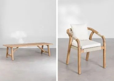 Conjunto De Mesa Retangular 300x100 Cm E 12 Cadeiras De Jardim Em Madeira De Acácia Dubai Castanho Acácia Rústico & Tecido Gardénia Branco - Sklum