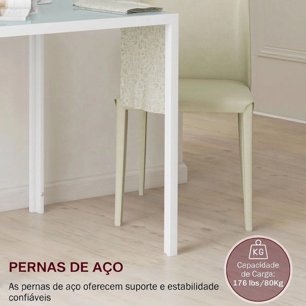 Mesa de Jantar em Vidro 75x75x75 cm, Quadrada para 4 Pessoas com Pés Metálicos (CADEIRAS NÃO INCLUIDAS), Branco