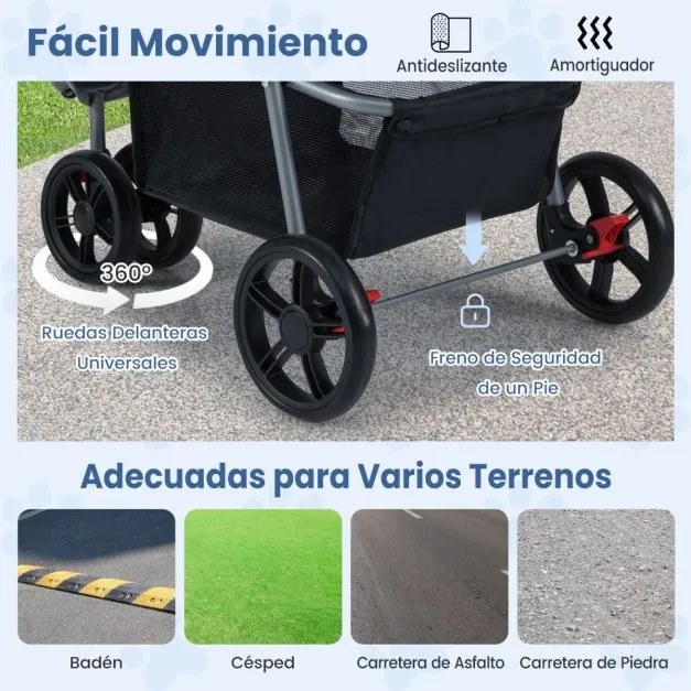 Carrinho dobrável para animais de estimação, leve, com capota ajustável, almofada lavável, cesto de armazenamento e porta-copos, 3 rodas, até 15 kg Az
