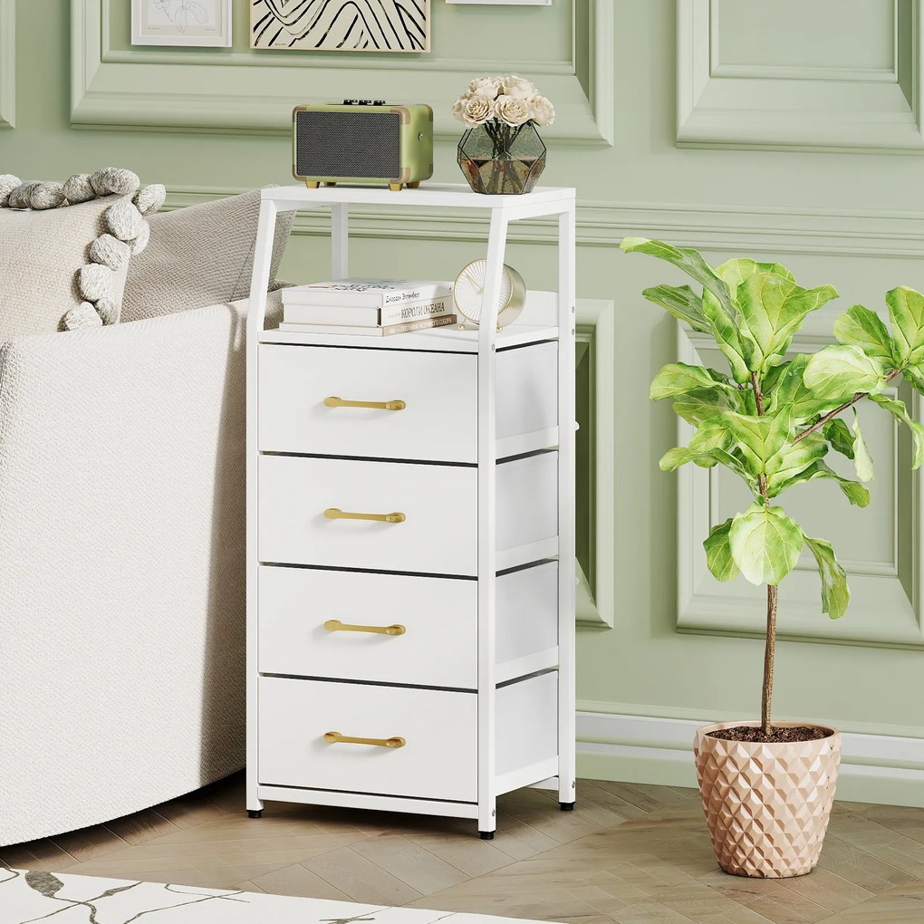 Cómoda de 4 Gavetas, 40,5 x 29 x 94 cm, Gavetas de Tecido Removíveis, Branco