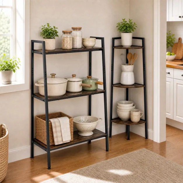 Conjunto de 2 Estantes de Arrumação Retangular e de Canto, 80 x 40 x 111 cm, Estrutura Metálica Resistente, castanho