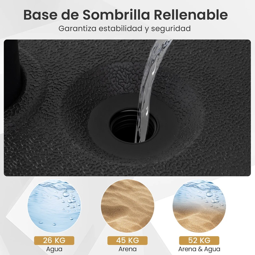 Base para guarda-sol em HDPE recheável de 52 kg com 2 adaptadores para postes redondos de 39/49 mm – Exterior, jardim, terraço, pátio, piscina Preto
