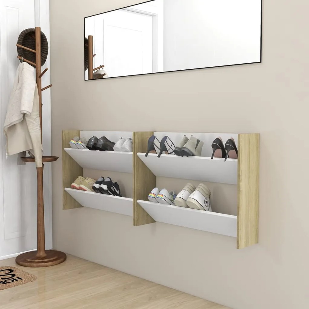 vidaXL Sapateiras de parede 2 pcs 80x18x60 cm contrapl. branco/sonoma
