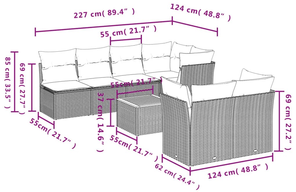 8 pcs conjunto de sofás p/ jardim com almofadões vime PE bege