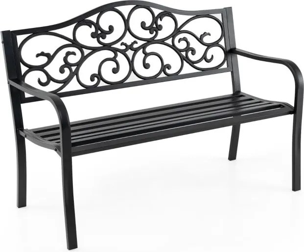 Banco de jardim 128 cm  em ferro fundido com encosto com design floral Apoio para os braços e assento com ripas Preto