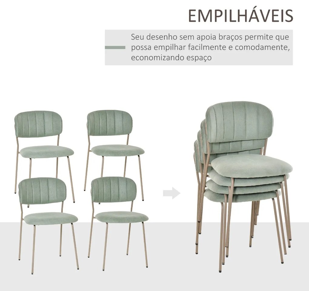 Conjunto de 4 Cadeiras de Sala de Jantar Empilháveis com Pés de Metal Estilo Moderno Nórdico para Cozinha Bar Restaurante Carga Máx. 100kg 49,5x55x81cm Verde