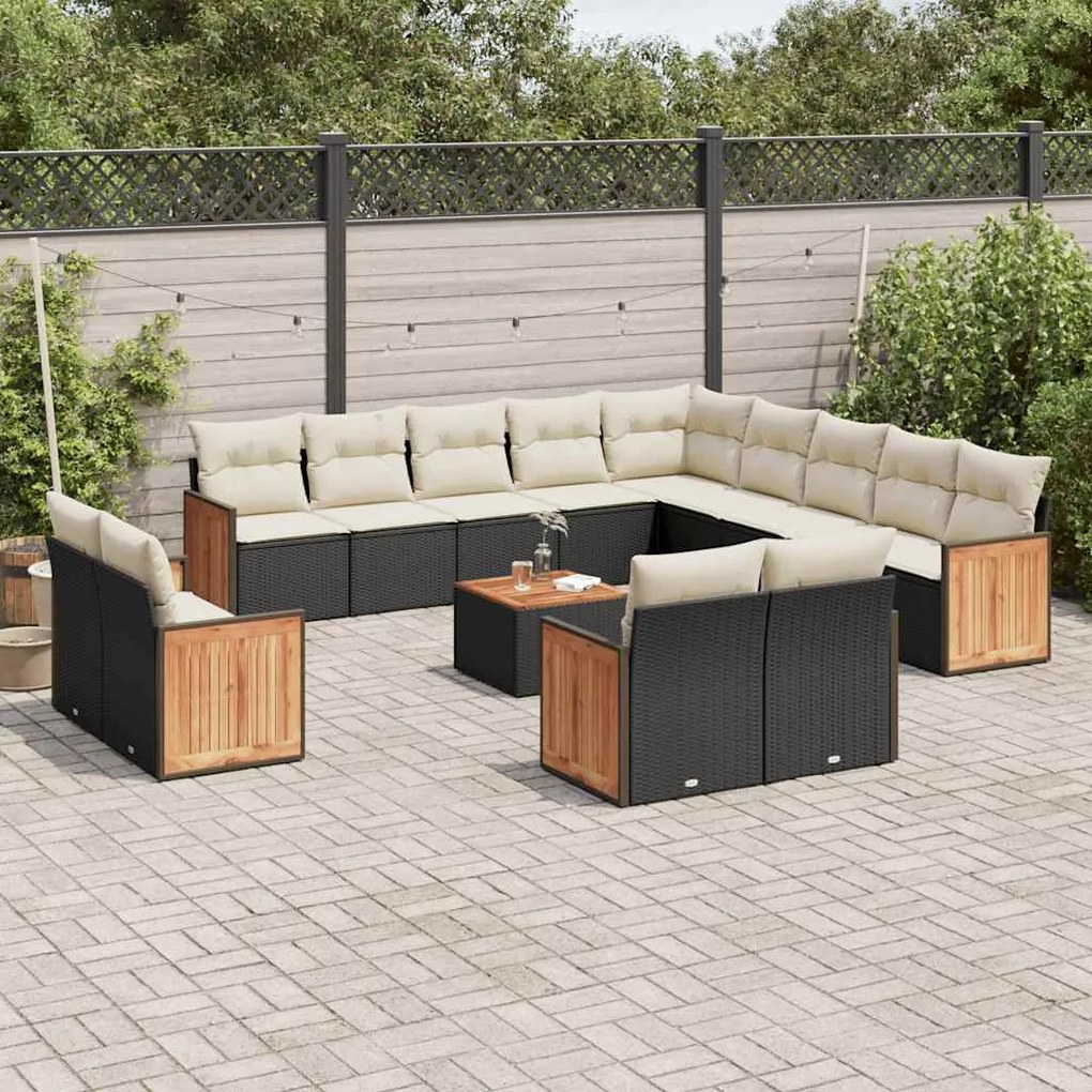 14 pcs conjunto de sofás p/ jardim c/ almofadões vime PE preto
