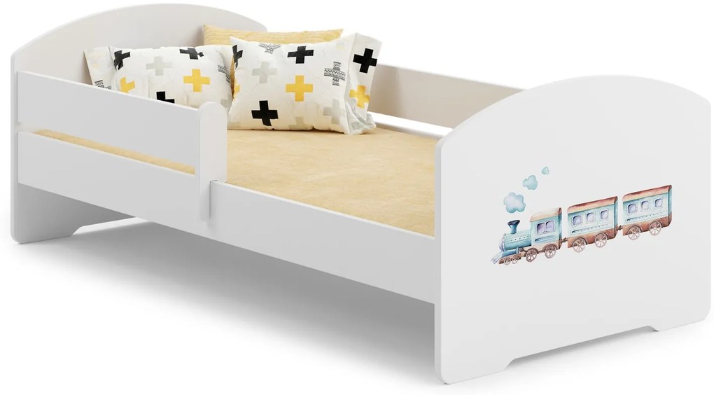 Cama infantil LUK comboio 160x80 branca com grades - colchão e estrado incluído
