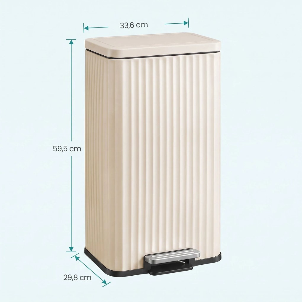 Caixote do lixo de cozinha com tampa 33,6 x 29,8 x 59,5 cm, fecho suave e cesto interior removível, 30 L, bege