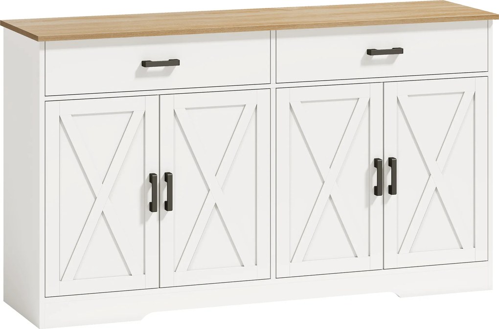 HOMCOM Aparador Buffet, 140 cm Armário de Cozinha estilo Fazenda com 2 Gavetas e 2 Armários, Branco | Aosom Portugal