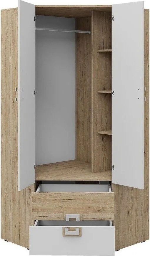 Roupeiro de canto Tolfere 102, Branco, Carvalho claro, 190x87x87cm, 83.61 kg, Portas para roupeiro: Com dobradiças, Número de prateleiras: 3, Número de prateleiras: 3