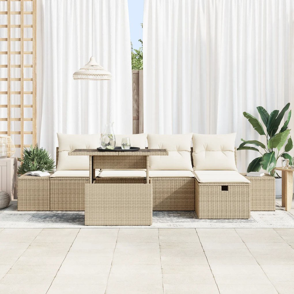 Conjunto de Sofá de Jardim de 6 Peças com Almofadas em Rattan Bege