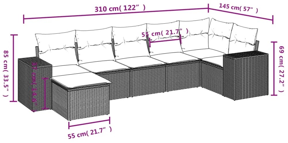 7 pcs conjunto de sofás p/ jardim c/ almofadões vime PE preto