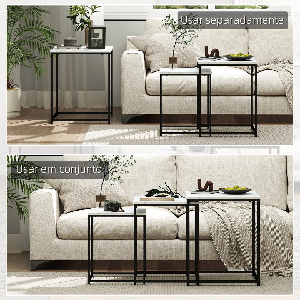 Conjunto de 3 Mesas Auxiliares para Sala de Estar com Efeito Mármore e Estrutura de Aço Estilo Moderno Branco e Preto