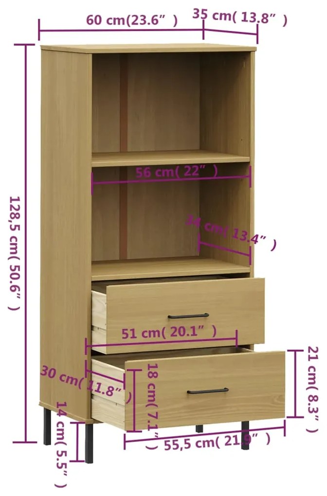 Estante c/ 2 gavetas 60x35x128,5cm madeira maciça OSLO castanho