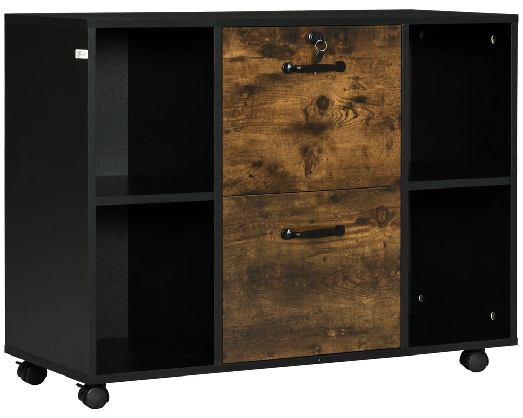 Vinsetto Armário Impressora Móvel com Rodas 2 Gavetas Fechadura Prateleiras Funcional 90x35x68,5 cm Castanho Rústico Preto | Aosom Portugal
