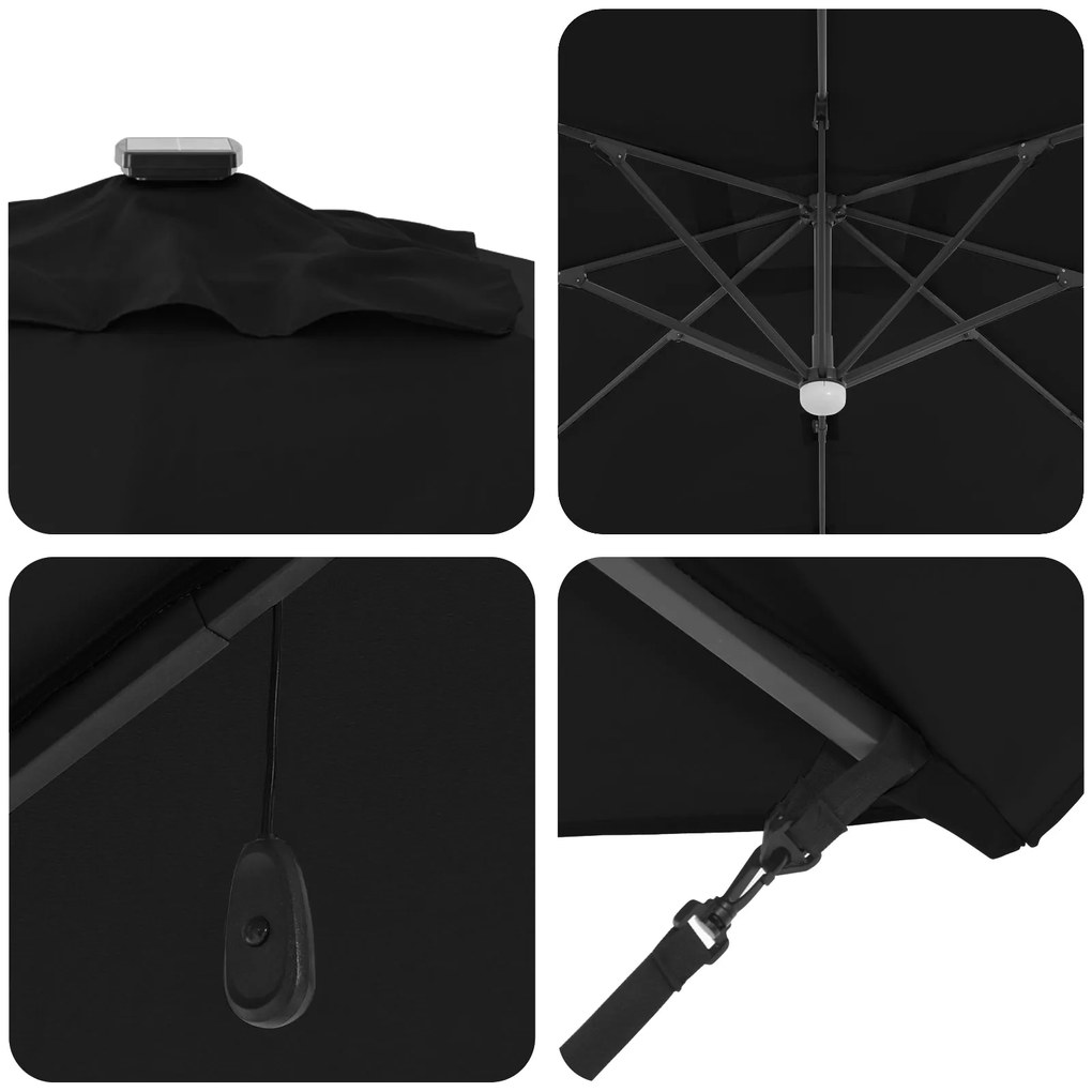 Guarda-Sol Cantilever Roma com LEDs Preto 286x285x270 cm Alumínio