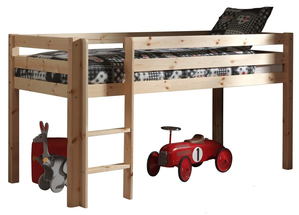 Conjunto Cama alta de Criança PINO 90 x 200 cm + estrado + escada + cortina Princesa Natural