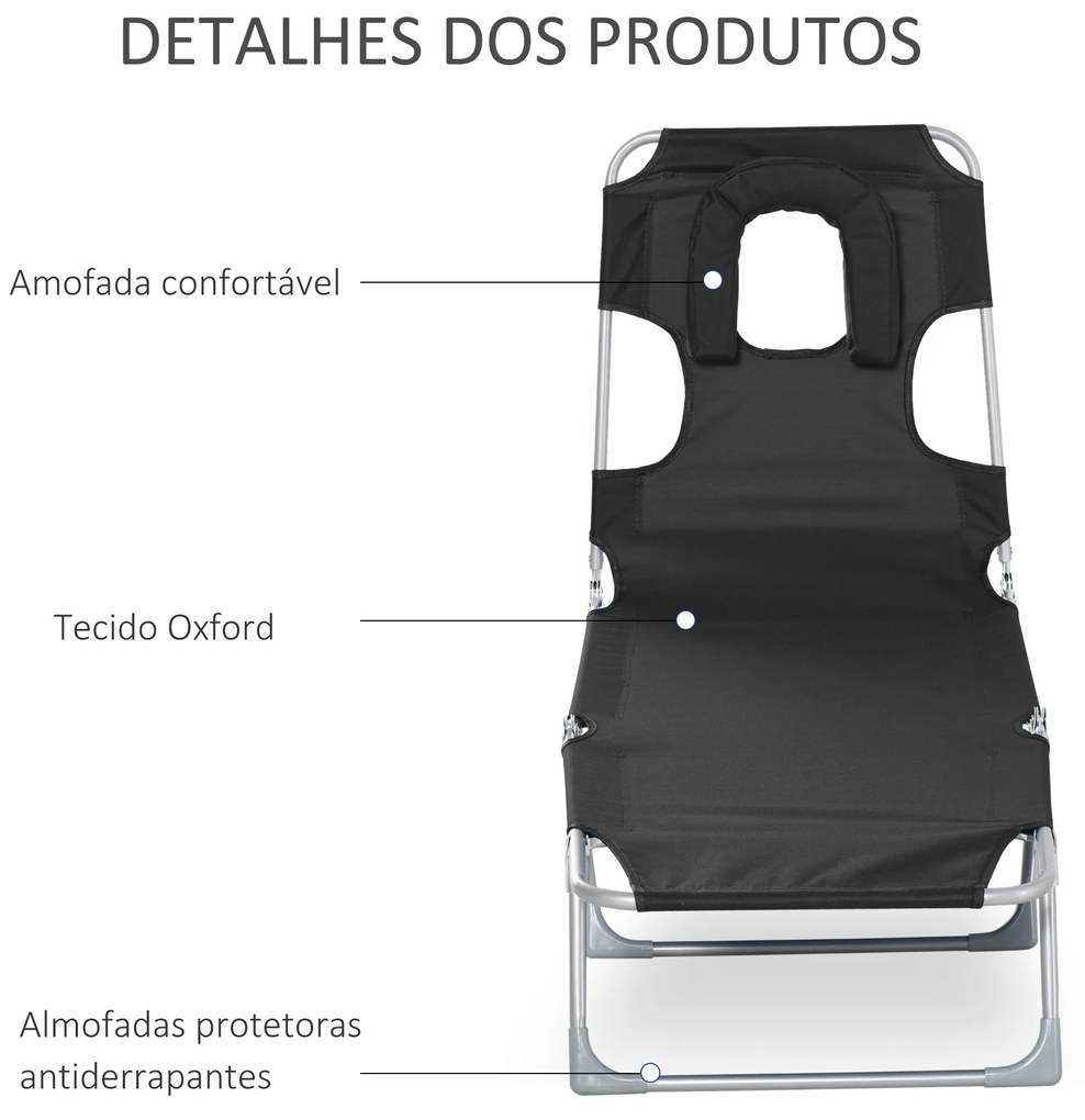 Outsunny Espreguiçadeira de Jardim Reclinável e Dobrável com Orifício de Leitura Apoio para Cabeça e Encosto Ajustável em 4 Níveis para Praia 182x56x24,5 cm Preto