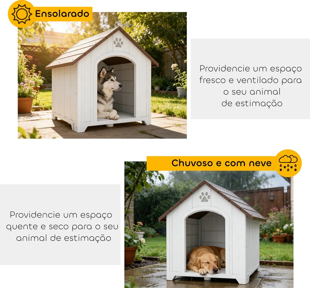 Casota para Cães de Exterior em Plástico com 2 Janelas, Base Elevada, Estacas Castanho Escuro