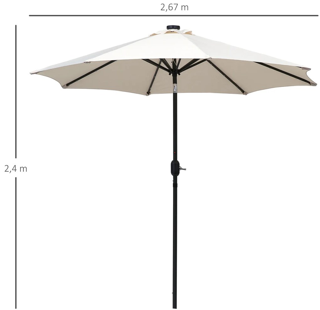 Outsunny Chapéu de Sol de Jardim Ø270x240cm com 24 Luzes LED Solar Mecanismo de Inclinação Manivela e Mastro Desmontável de Metal para Terraço Piscina Pátio Creme