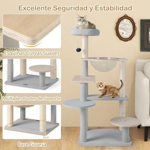 Arranhador para gatos moderna multinível de 113 cm com estante almofadada amovível Postes de arranhar de sisal Natural