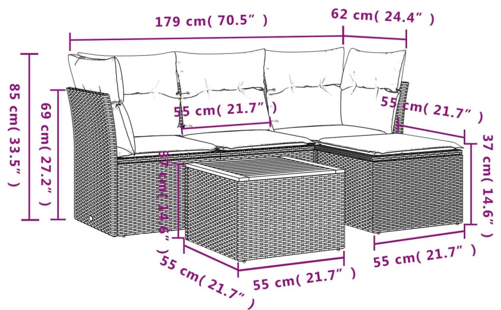 5 pcs conjunto sofás de jardim com almofadões vime PE preto