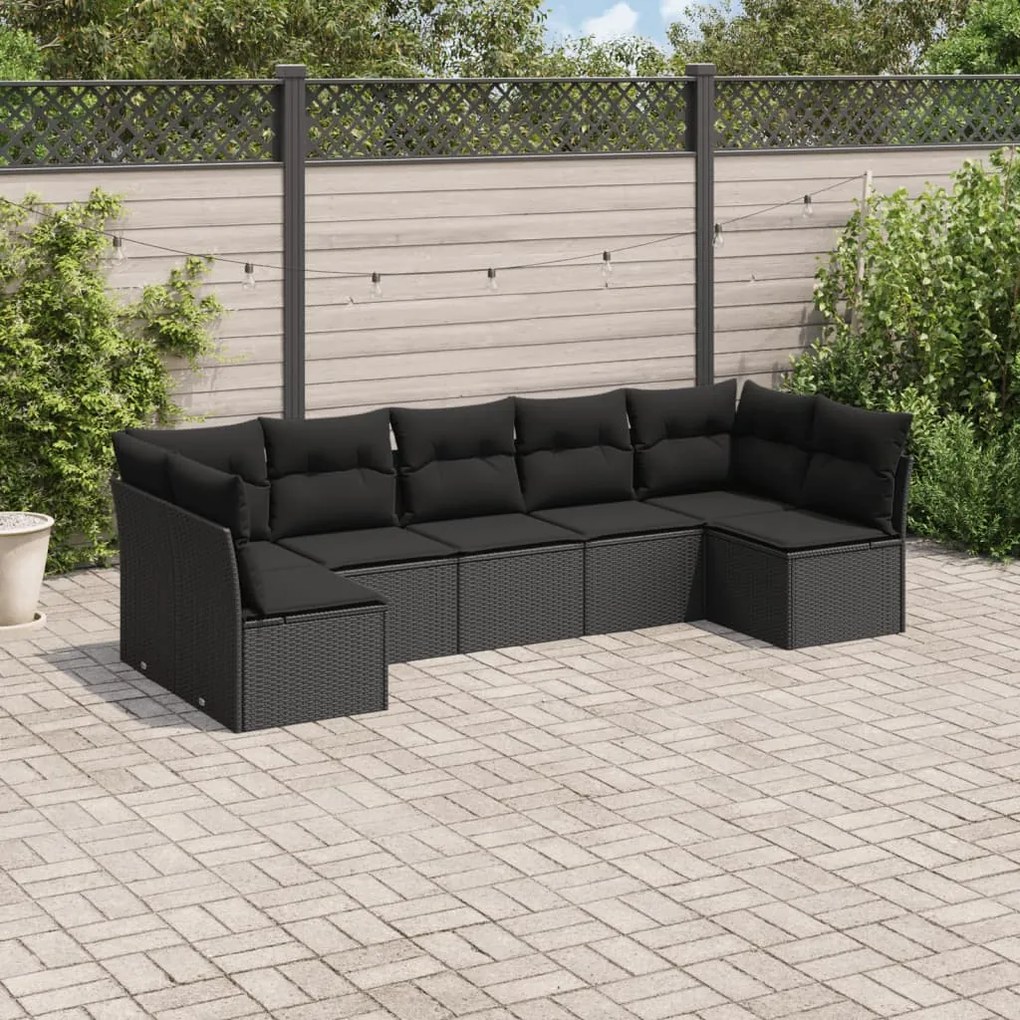 7 pcs conjunto de sofás p/ jardim c/ almofadões vime PE preto