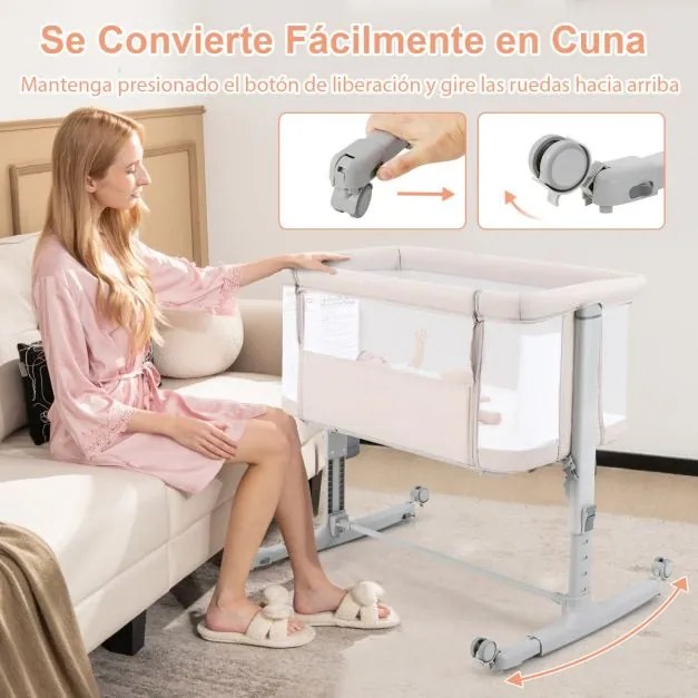 Berço de viagem para crianças 3 em 1 com 5 níveis de altura ajustável e 10° de inclinação Colchão respirável Saco para bebés Bege
