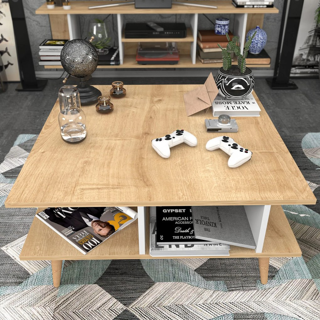Mesa de Centro Akya – Carvalho e Branco – 89x89x44 cm