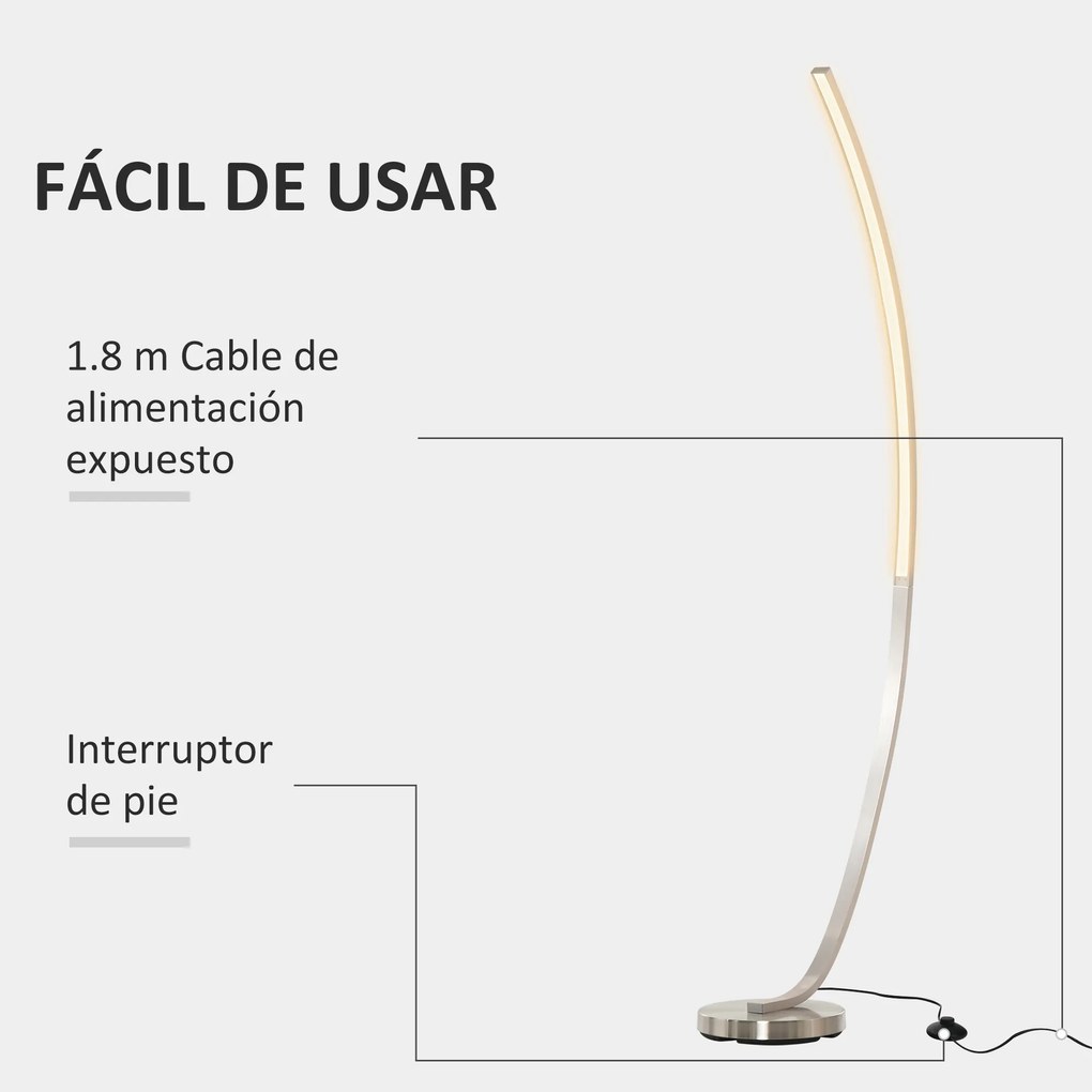 HOMCOM Luminária de piso com luz LED amarela Base de metal Pedal interruptor Design elegante Potência máx. 18 W 50x23x149cm Prata