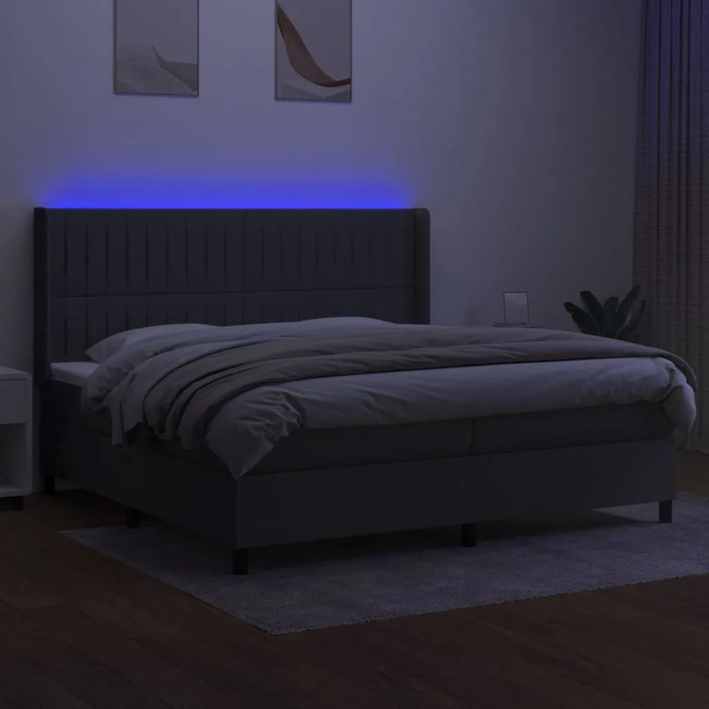 Cama box spring c/ colchão e LED 200x200 cm tecido cinza-escuro