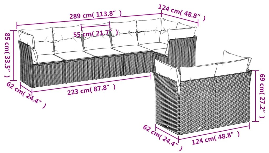 8 pcs conj. sofás jardim c/ almofadões vime PE cinzento-claro