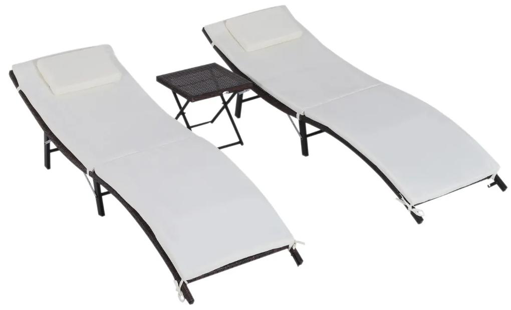 2x Espreguiçadeiras com mesa de vime dobrável para jardim espreguiçadeiras com almofadas acolchoadas Marrom