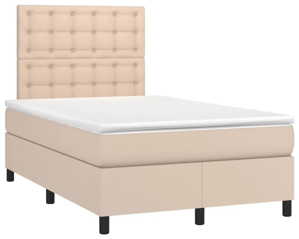 Cama box spring c/colchão/LED 120x190cm couro artif. cappuccino